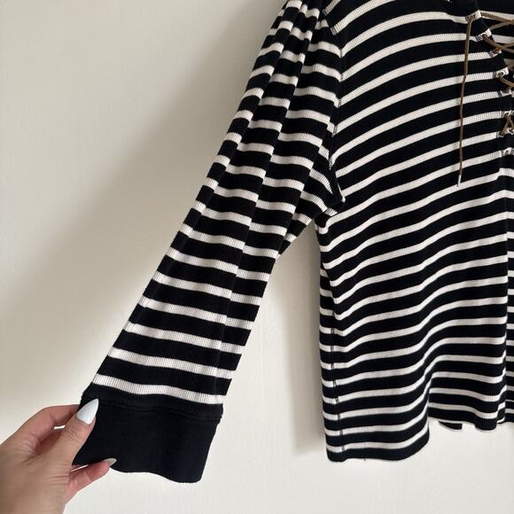 Lauren Ralph Lauren Striped Lace-Up Waffle-Knit Top Leather Drawcord Size XXL - Picture 5 of 12